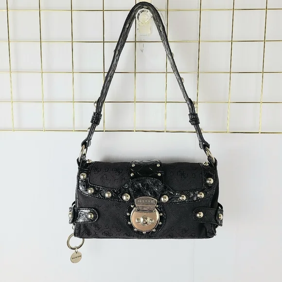 Guess Y2K Vintage Monogram Studded Baguette Charm Shoulder Bag